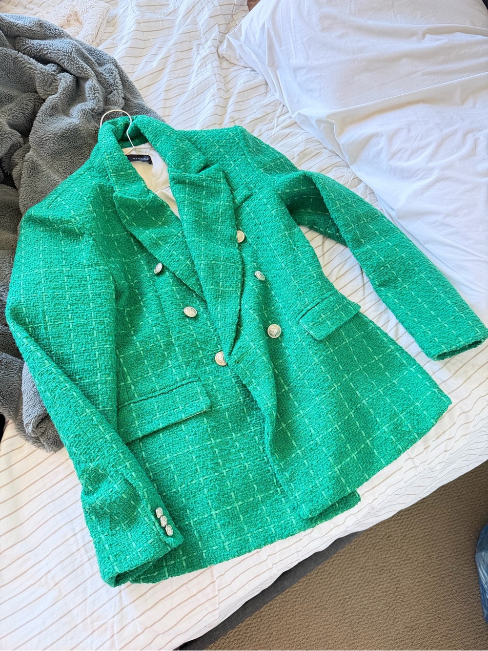 Zara Emerald Green Tweed Double-Breasted Blazer S